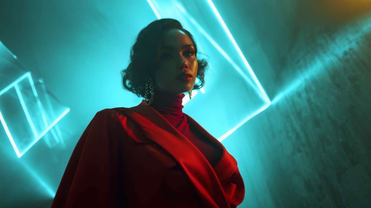 A Stunning Portrait of a Fashion Model in a Vibrant Atmosphere, Showcasing Bold Colors and Unique Lighting Effects, Capturing the Essence of Modern Elegance and Artistic Expression in a Stylish Setting