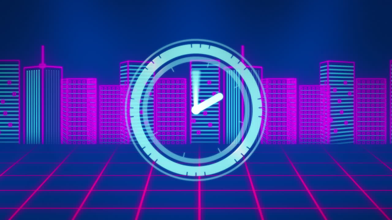 Animazione di orologio al neon che ticchetta e modello di città 3D su rete a griglia su sfondo viola.