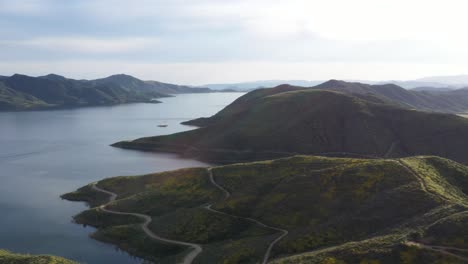 Drone-wide-shot-flying-towards-a-beautiful-yellow-wildflower-covered-mountain-and-large-lake-in-southern-california