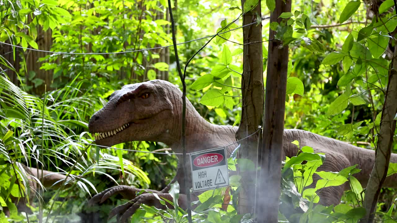 A velociraptor animatronic moves subtly in a dense, misty jungle environment, creating a lifelike prehistoric atmosphere