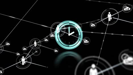 animation of network of connections with icons over clock