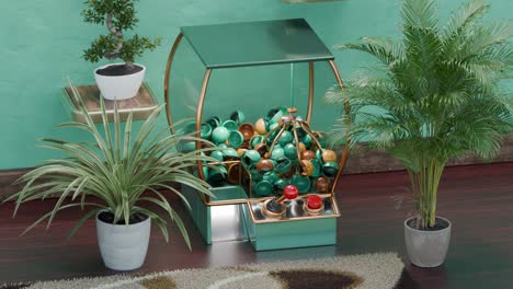 mint green prize ball machine with houseplants