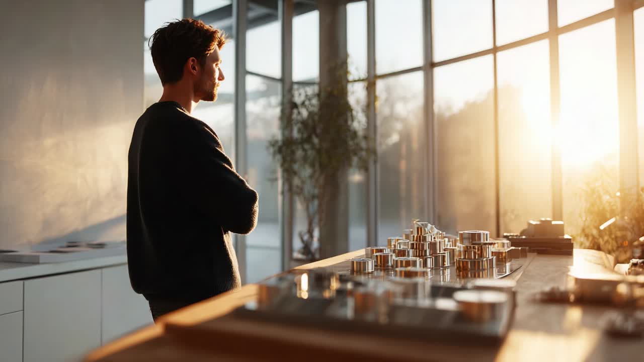 A contemplative young man gazes thoughtfully out the window of a modern, sunlit kitchen, where stylish kitchenware and elegant design combine to create a tranquil atmosphere, perfect for inspiration and reflection