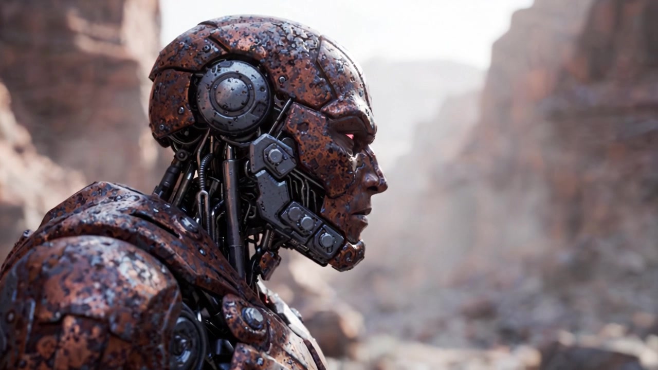 Detailní boční profil futuristického robota, představující složitý mechanický design na pozadí dramatické pouštní krajiny s bohatými texturami a osvětlením.