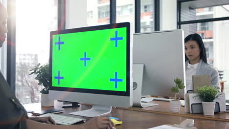 office, green screen and people on computer