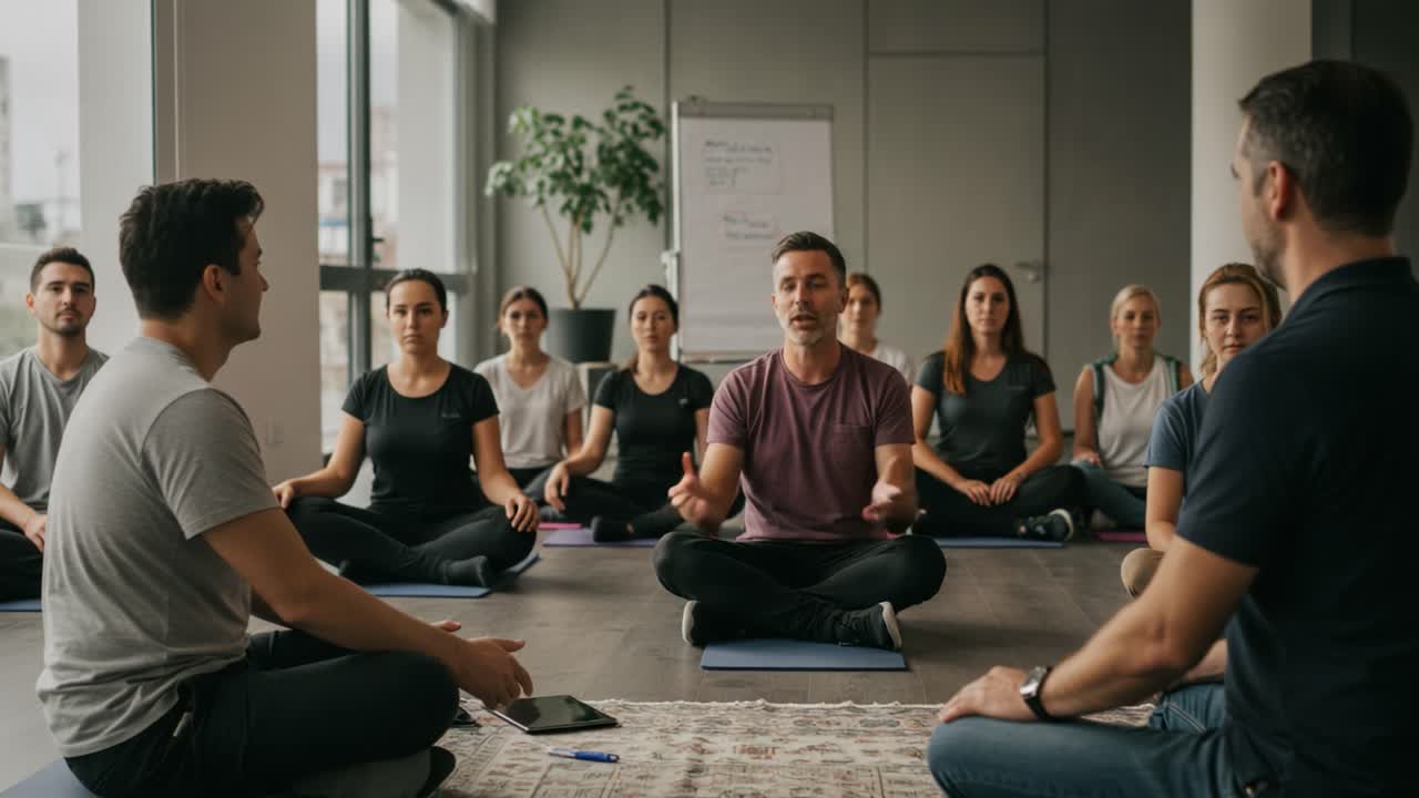 Group Meditation Session: Participants Engaged in Mindfulness Practice and Relaxation Techniques in a Serene Indoor Environment