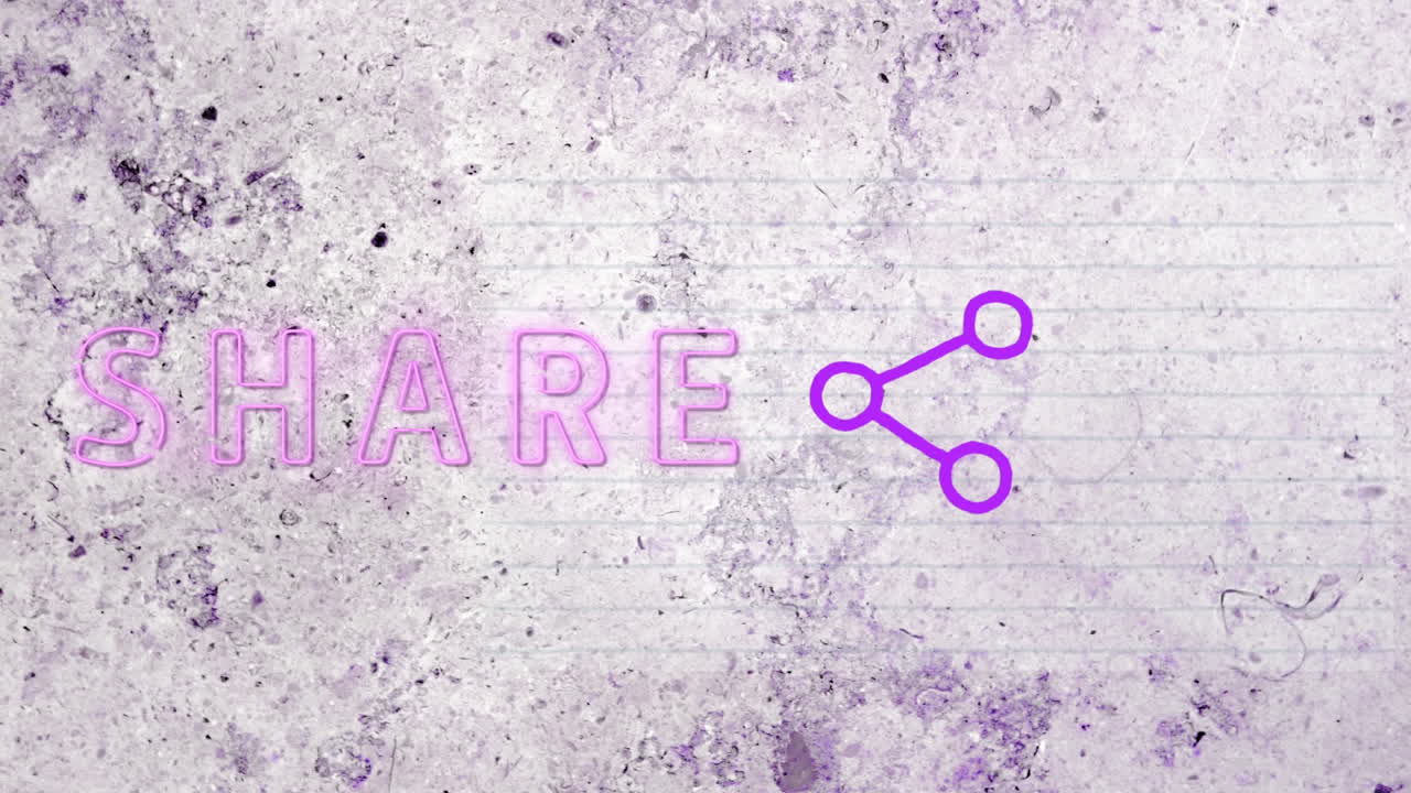 Digital animation of share text and symbol against grunge effect on grey background