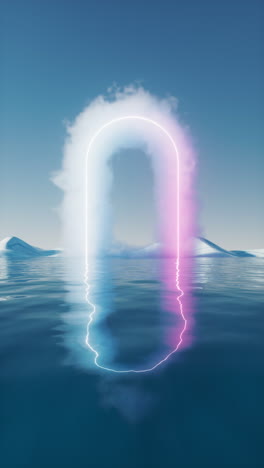 cloud with glowing neon lines and water surface, 3d rendering.