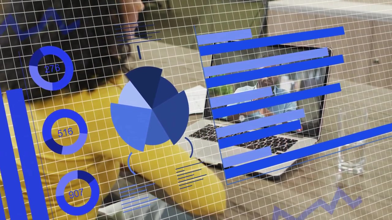 Grid appearing, woman laptop reviewing biz data, moving pie and changing bars during remote meeting