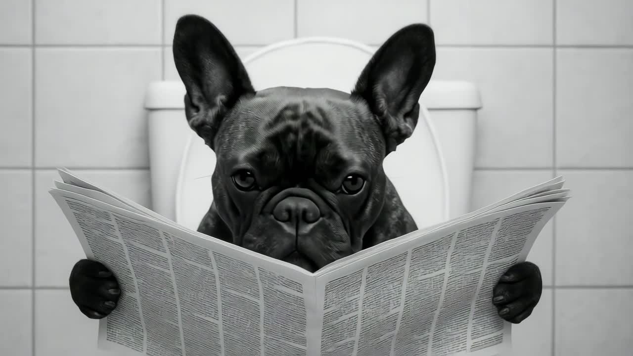 A humorous video concept featuring a French Bulldog reading a newspaper on a toilet