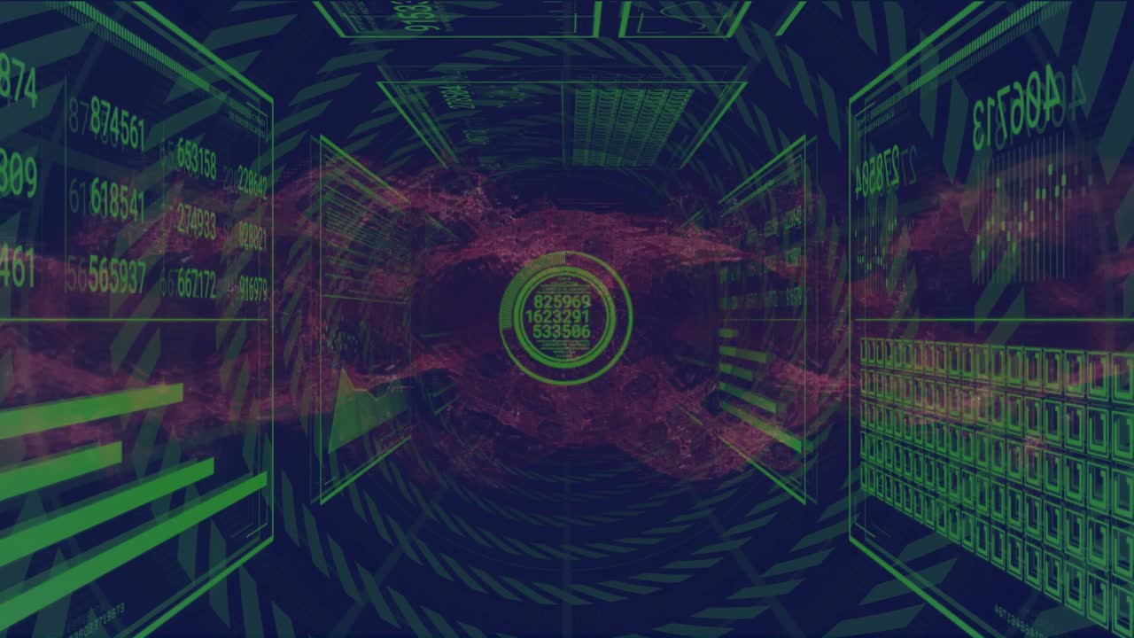 Purple cloud emerging in tunnel initiating interface pulsing, panels updating for data processing
