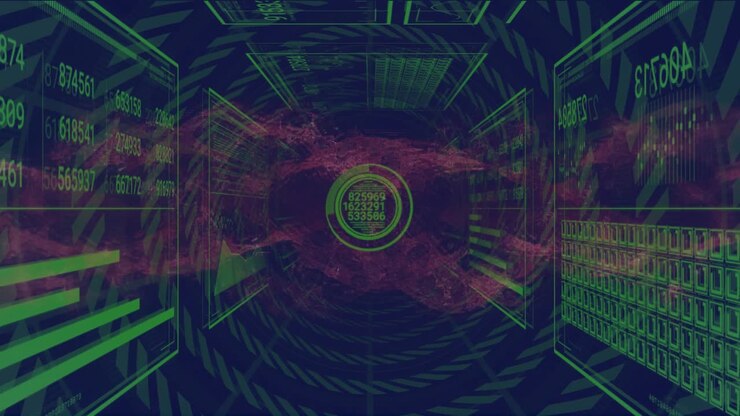 Purple cloud emerging in tunnel initiating interface pulsing, panels updating for data processing