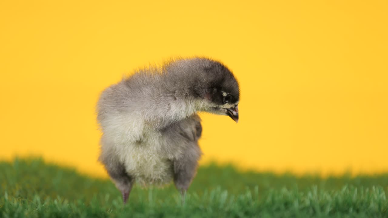Two-week-old chick on a yellow background
