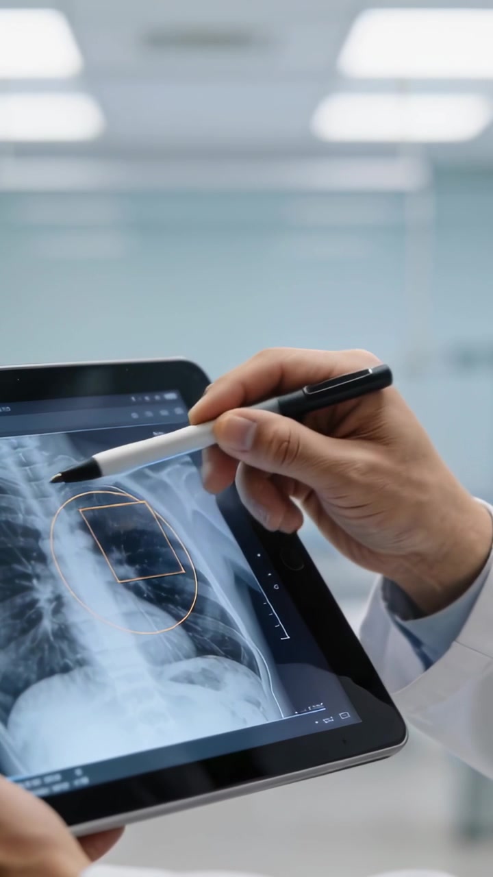 Vertical video: Dr in coat marking chest xray on tablet in clinic, stylus entering right for review