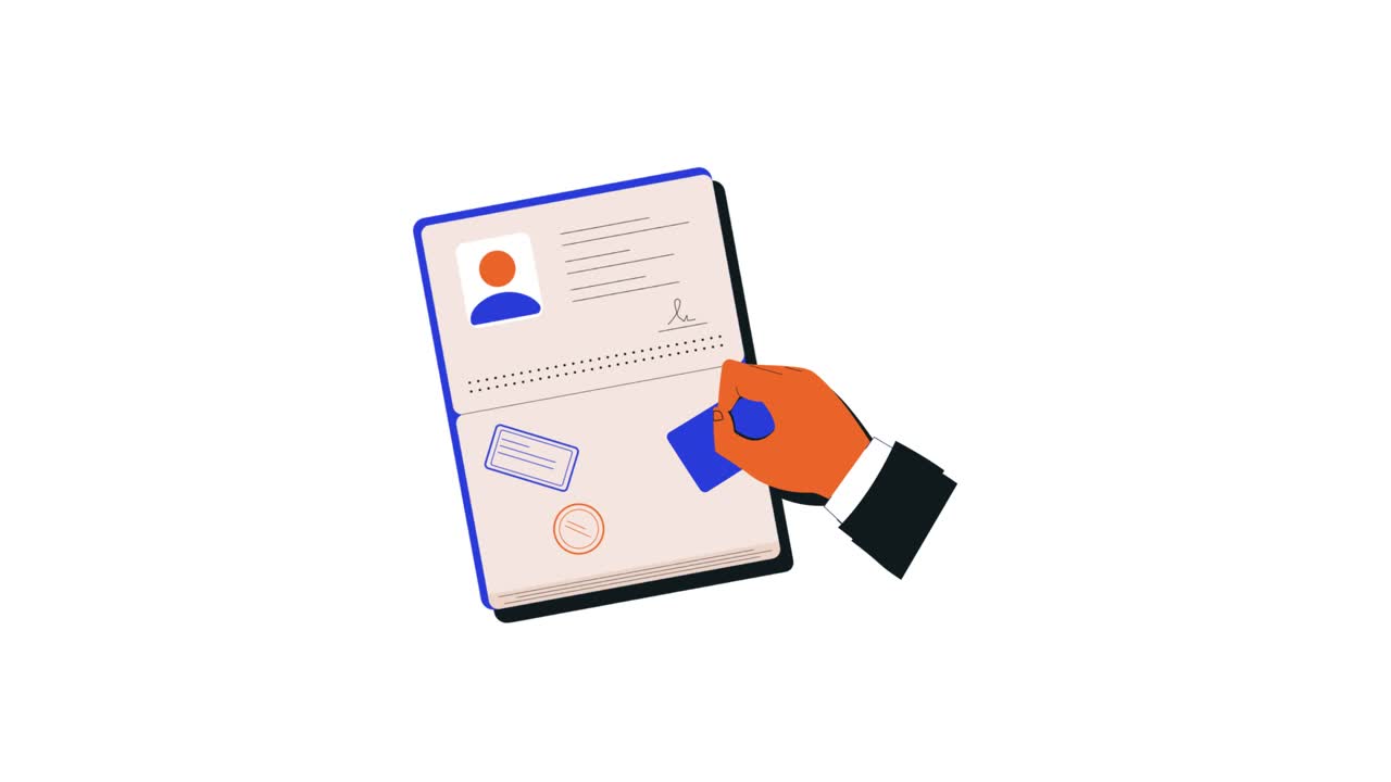 Animated Hand Stamping a Passport with Visa Stamps