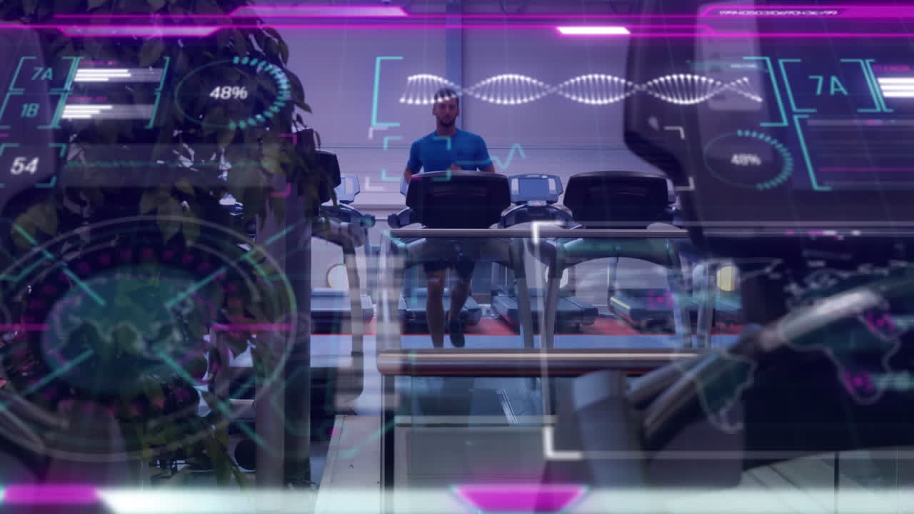 Animation of glowing interface processing data over man using running machine at gym