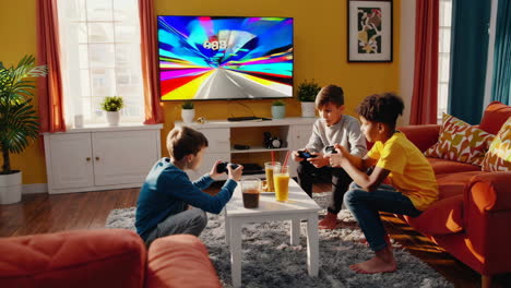 kids playing and celebrating video games at home