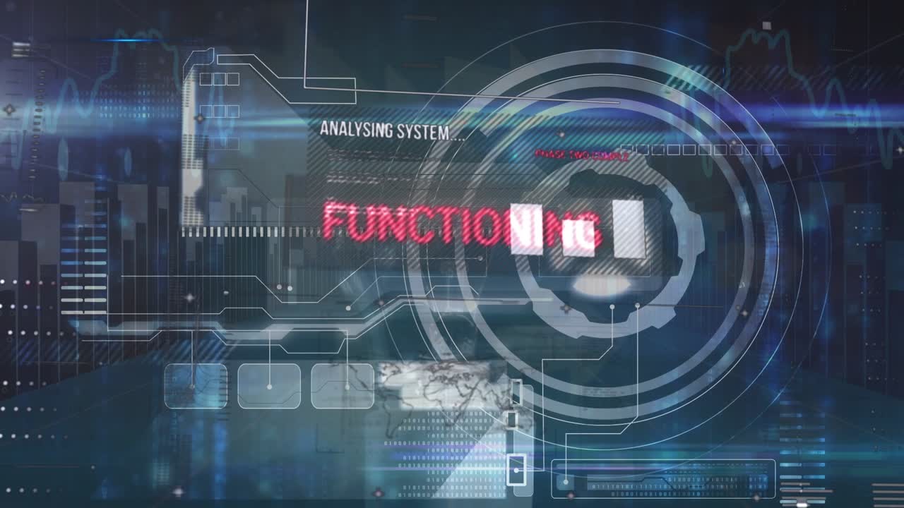 Digital animation of digital interface with data processing against blue background
