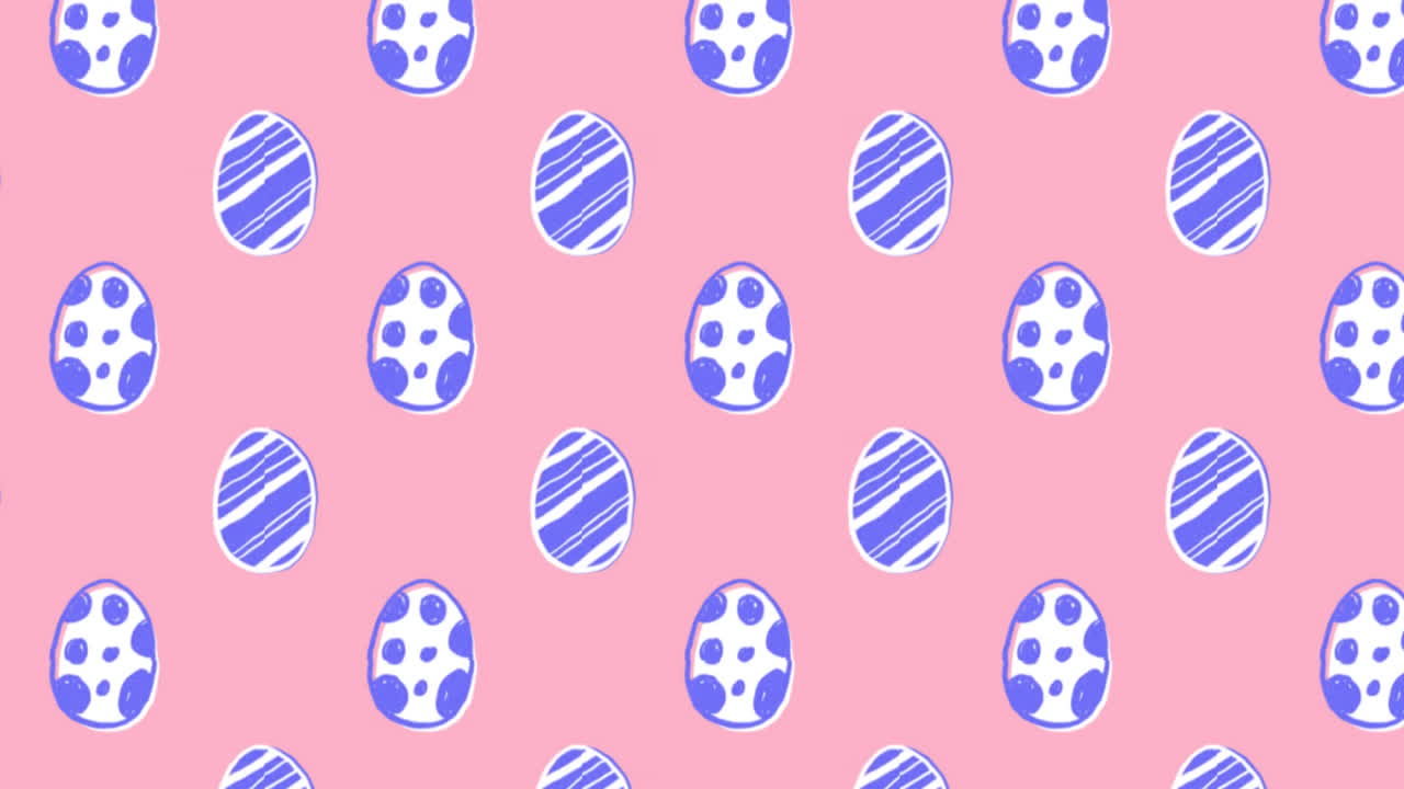 Animation of patterned Easter eggs moving in rows on pink, background