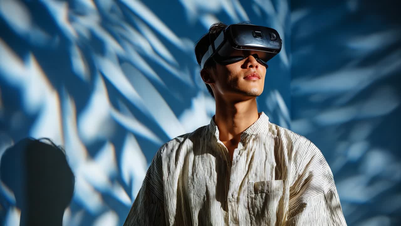 Immersive Virtual Reality Experience: A Young Man Engages in an Innovative Digital Environment While Wearing a Cutting-Edge VR Headset, Captured in Dynamic Lighting and Artistic Shadows For a Stunning Visual Effect