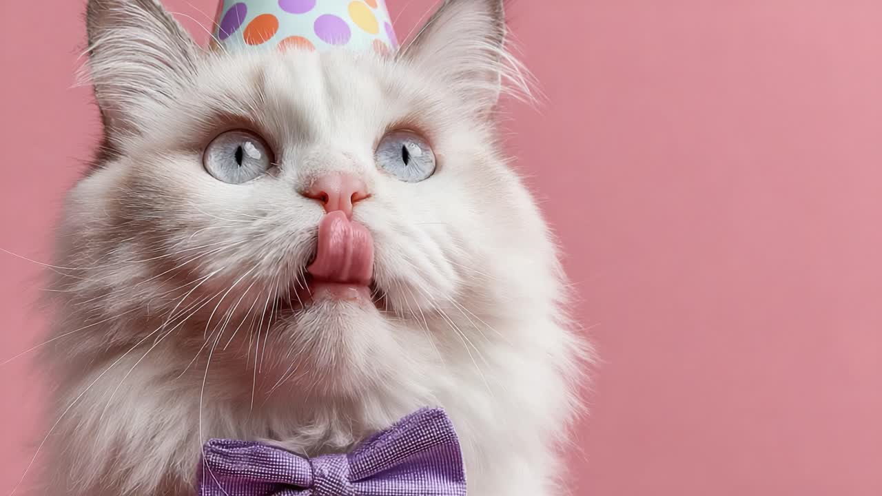 Sebuah Perayaan yang Aneh: Kucing Menggemaskan ini Mengenakan Topi Pesta Berwarna-warni dan Dasi Kupu-kupu Memamerkan Sisi Lucunya dengan Menjulurkan Lidah untuk Kelucuan Maksimal