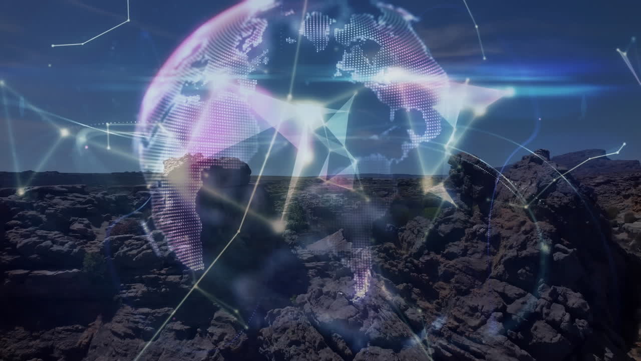 Animation of globe with network of connections over landscape