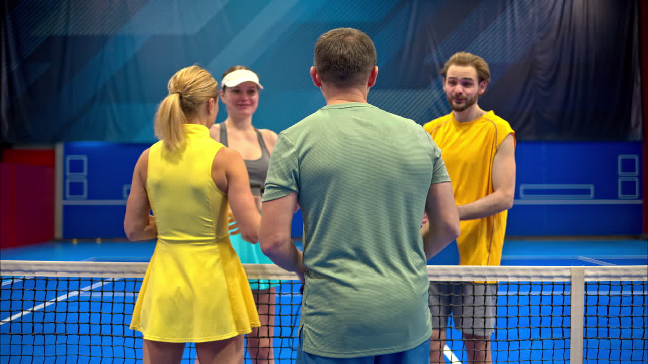 Two men and two women high-fiving after playing pickleball on a blue, inside court