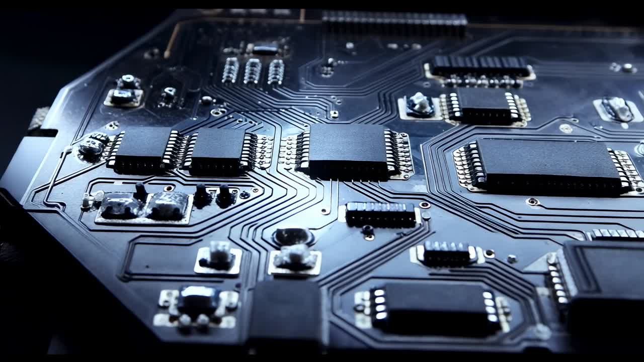 Panning camera revealing PCB at test bench, highlighting chips, traces, solder joints and fixture