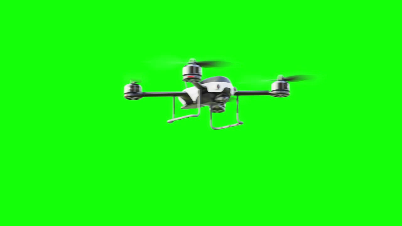 색 드론이 카메라를 향해 날아가고 그 다음에는 녹색 화면의 으로 이동합니다.
