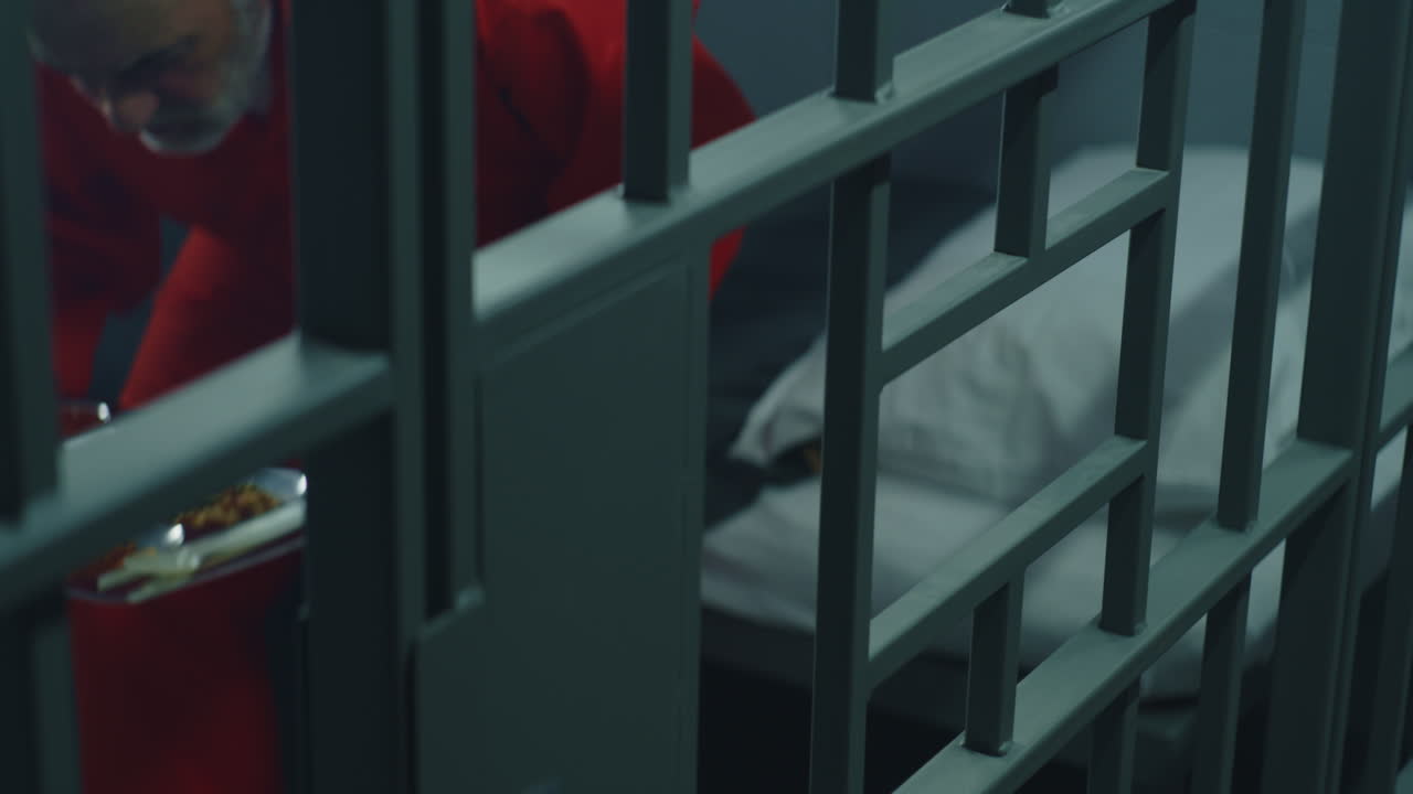 el oficial de la prisión le da comida al criminal en la celda de la prisión.