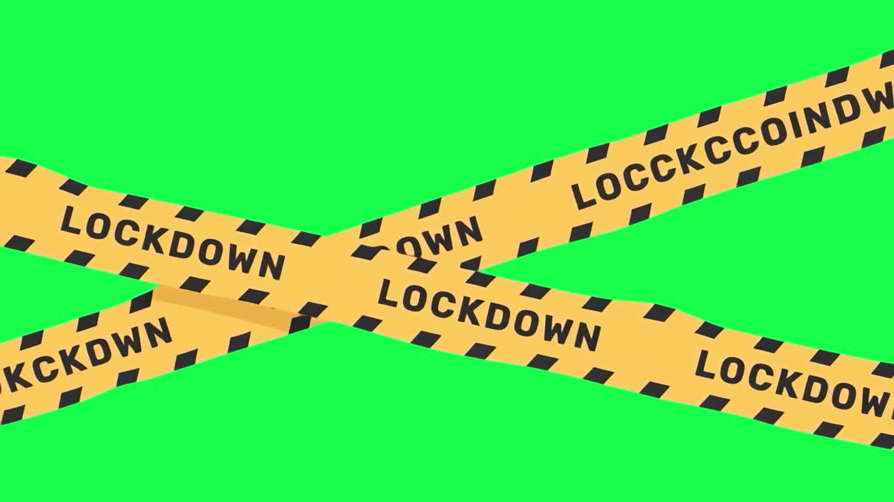 Lockdown caution tape warning animation, transparent 4K video, green screen