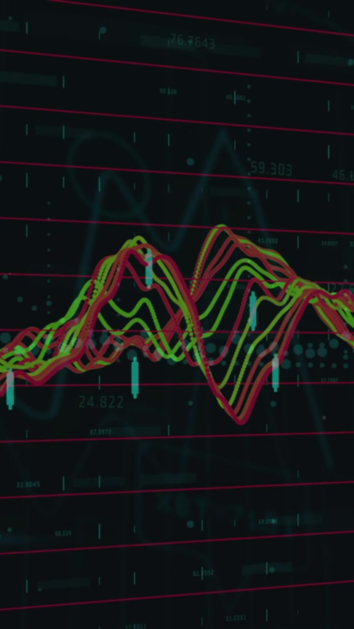 Digital animation of financial data processing against black background