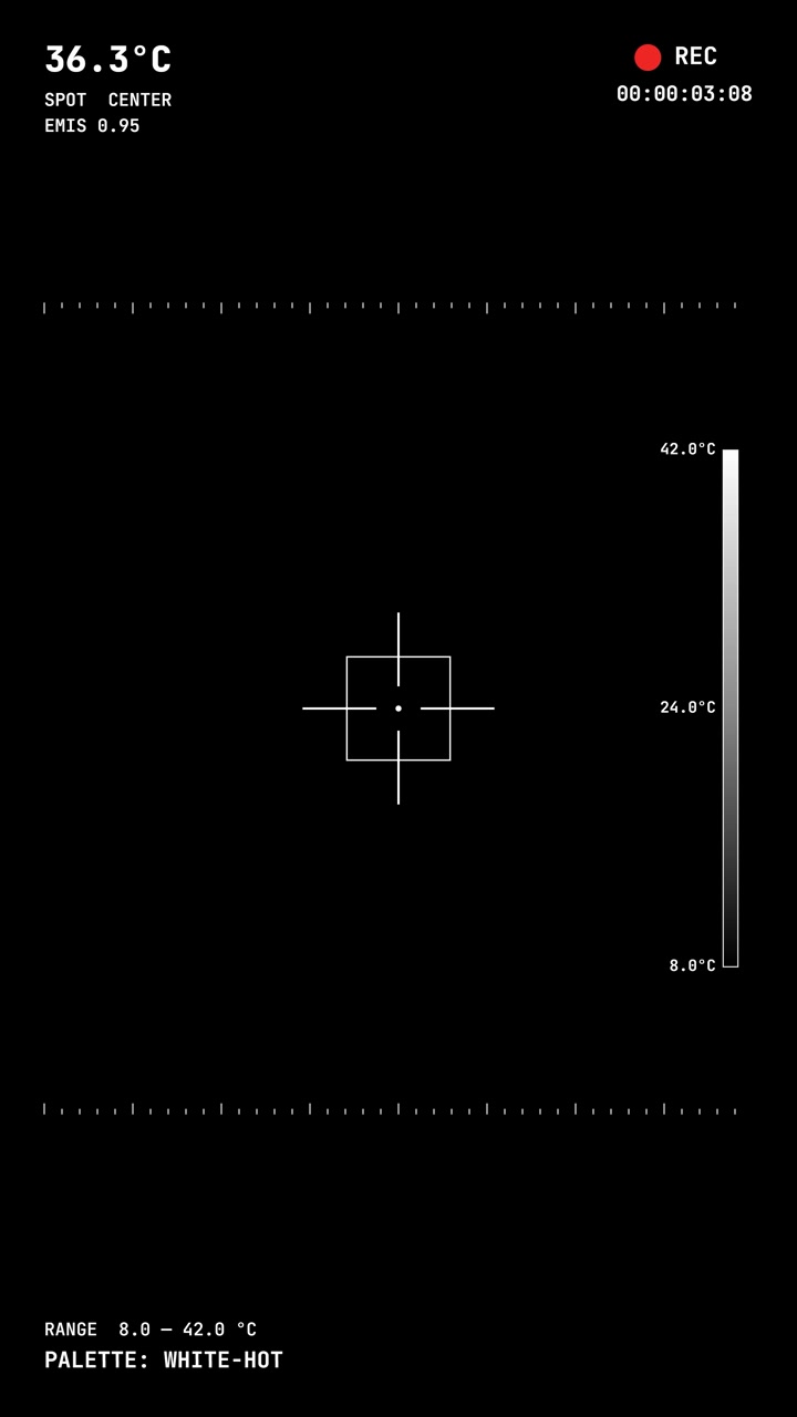 Vertical format thermal or heat vision camera display with temperature scale and target for a military or sci-fi effect