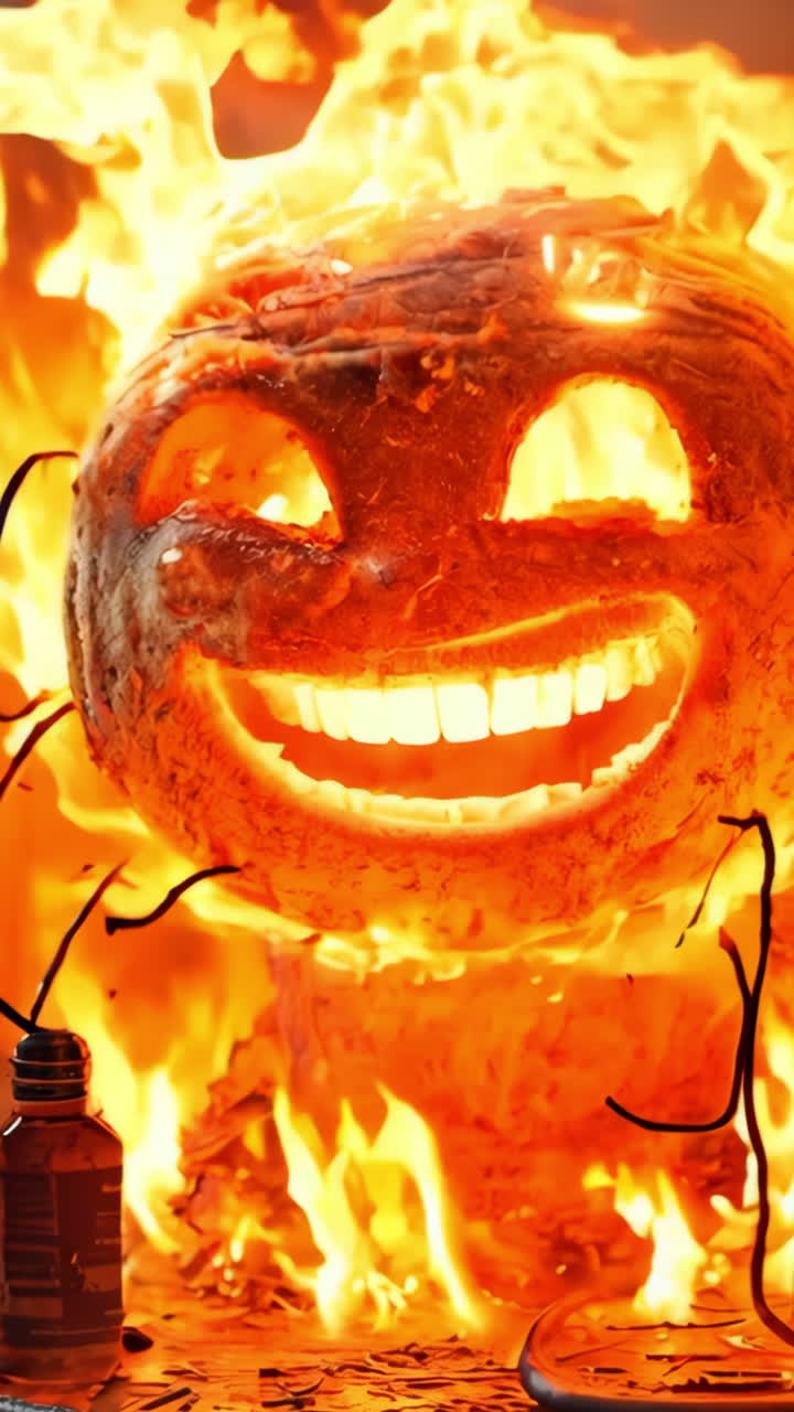 A cartoonish face with a big smile is surrounded by fire. The fire is orange and yellow, and it is glowing brightly. Scene is playful and lighthearted, as the fire seems to be having a good time