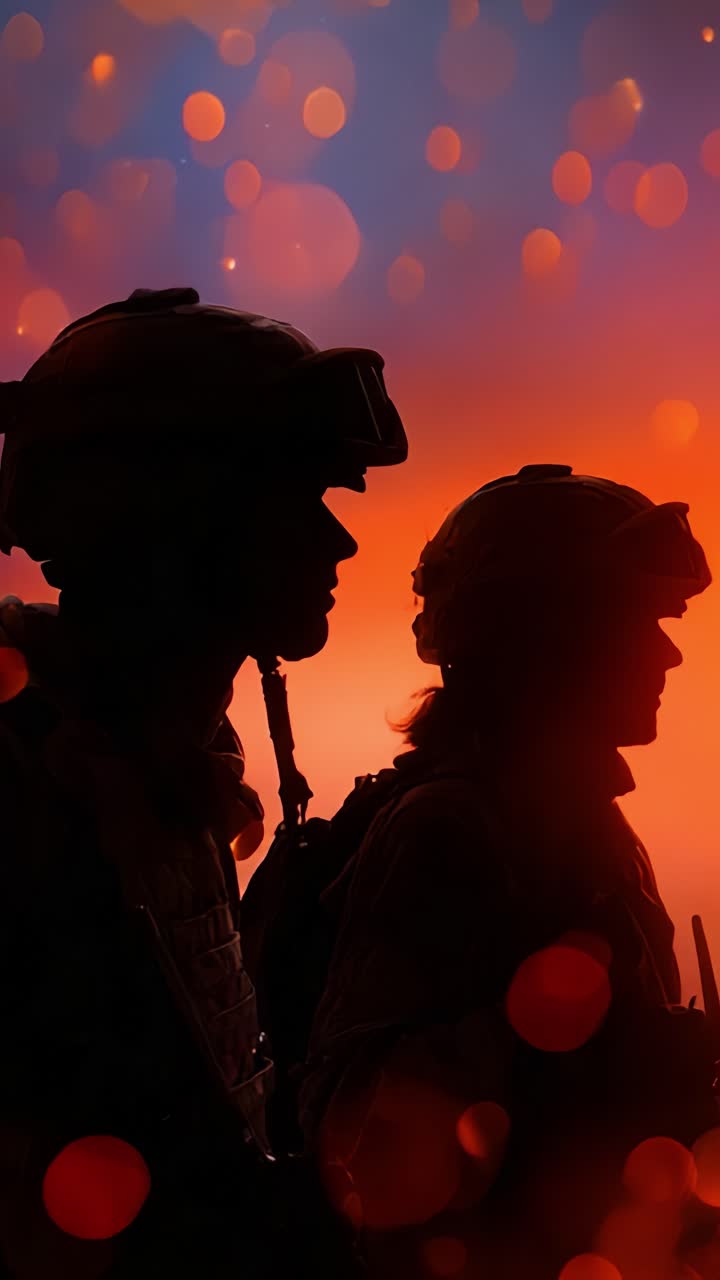 Silhouetted Soldiers Against a Vibrant Background: Exploring the Resilience and Commitment of Warriors in the Face of Challenges and Uncertainty