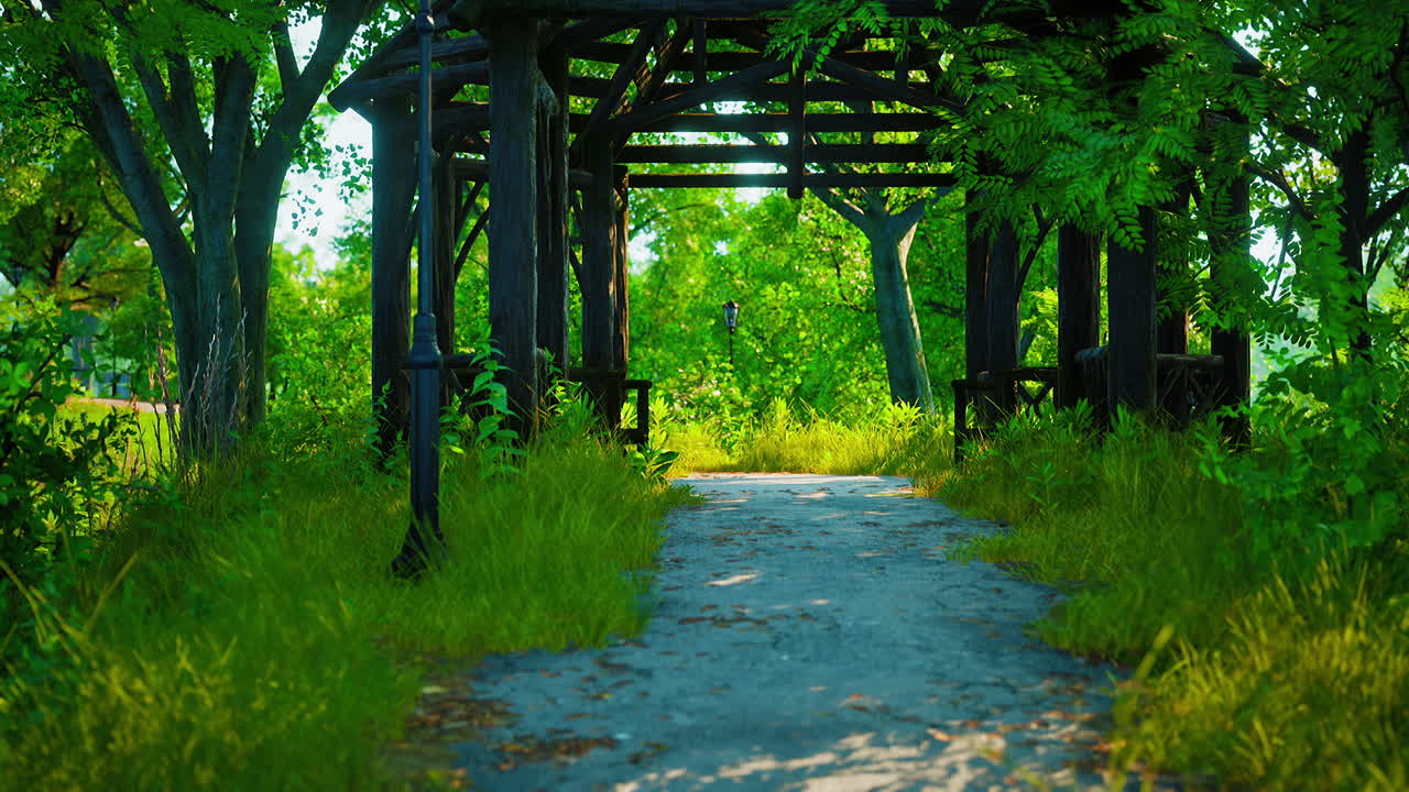 돌로 만든 길은 푸른 숲을 가로질러 나무로 된 나무로 된 길로 이어집니다.