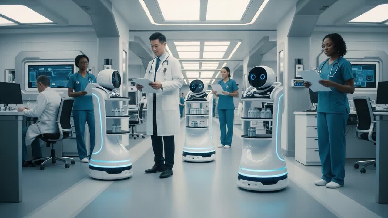 Robots and Healthcare Professionals Collaborating in a Futuristic Medical Facility with Advanced Technology Enhancing Patient Care and Efficiency