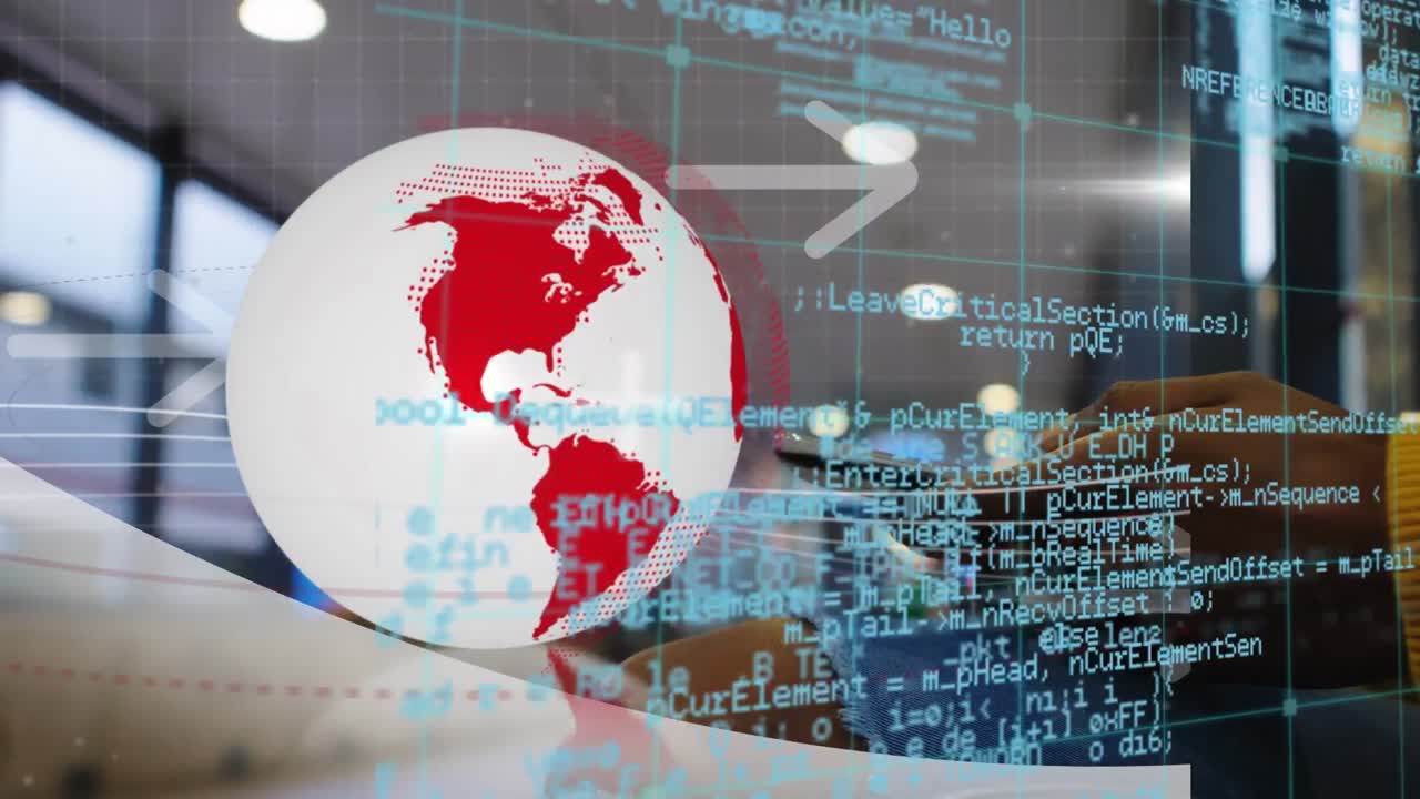 스마트 폰을 사용하는 혼합 인종 여성에 대한 데이터 처리 및 지구상의 애니메이션