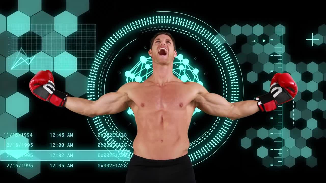 카우카스 남성 권투 선수에 대한 범위 스캔과 데이터 처리의 애니메이션