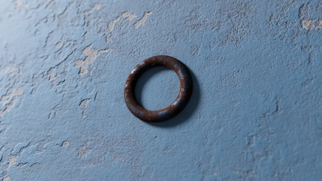 Rusty Metal Ring on a Peeling Blue Wall