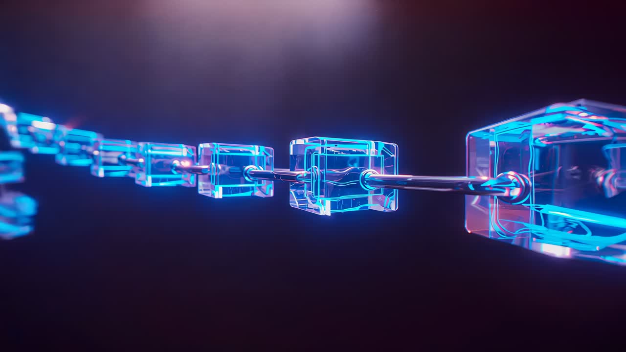 Initial camera zooming revealing blue cubes linked by rods showing wave-like cores in digital void