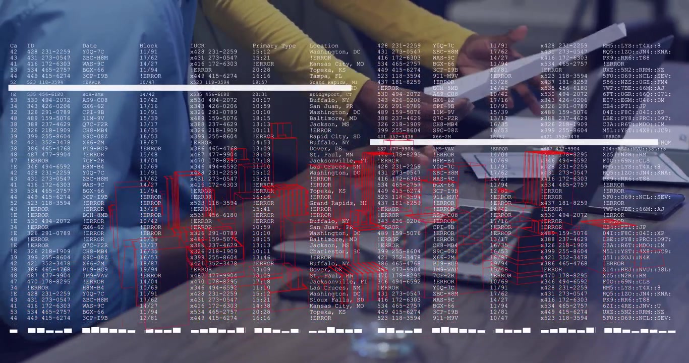 coworkers reviewing data when glitch overlay appearing guiding document alignment for business