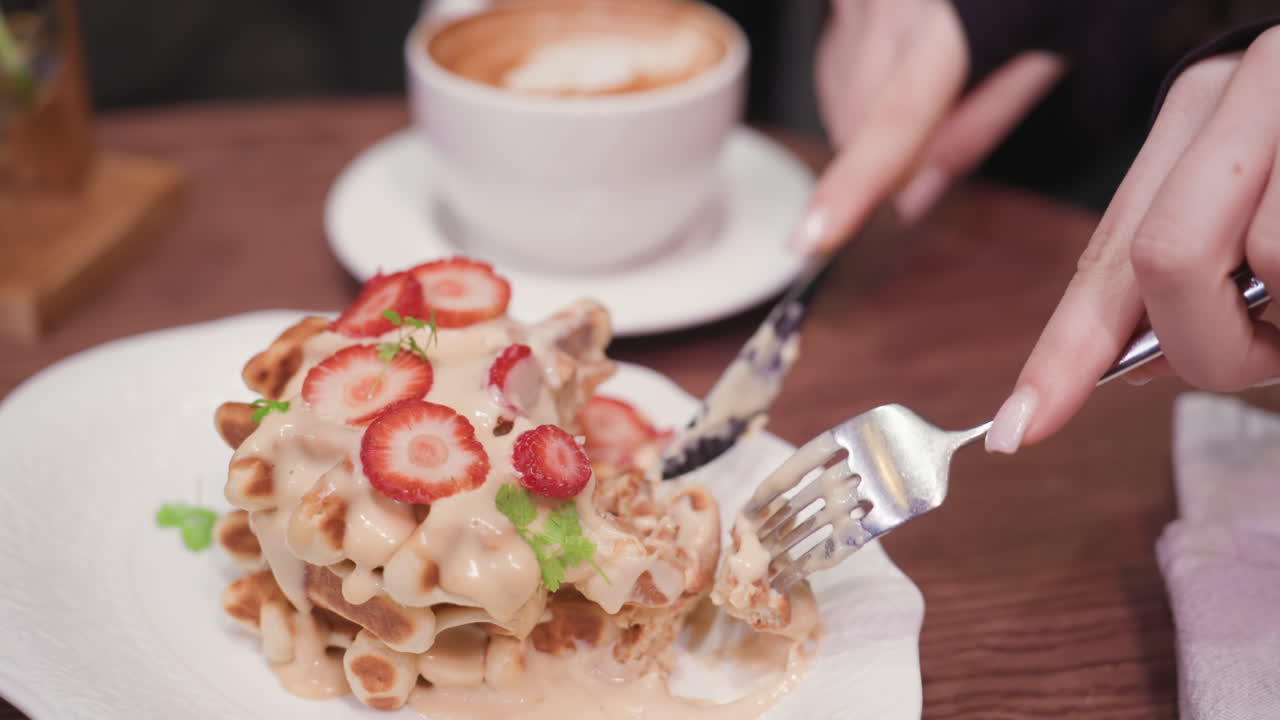 Close-up of lady slicing creamy waffles topped with strawberries into smaller pieces using fork and knife. Cup of latte in background on wooden table adds cozy ambiance to delicious breakfast moment