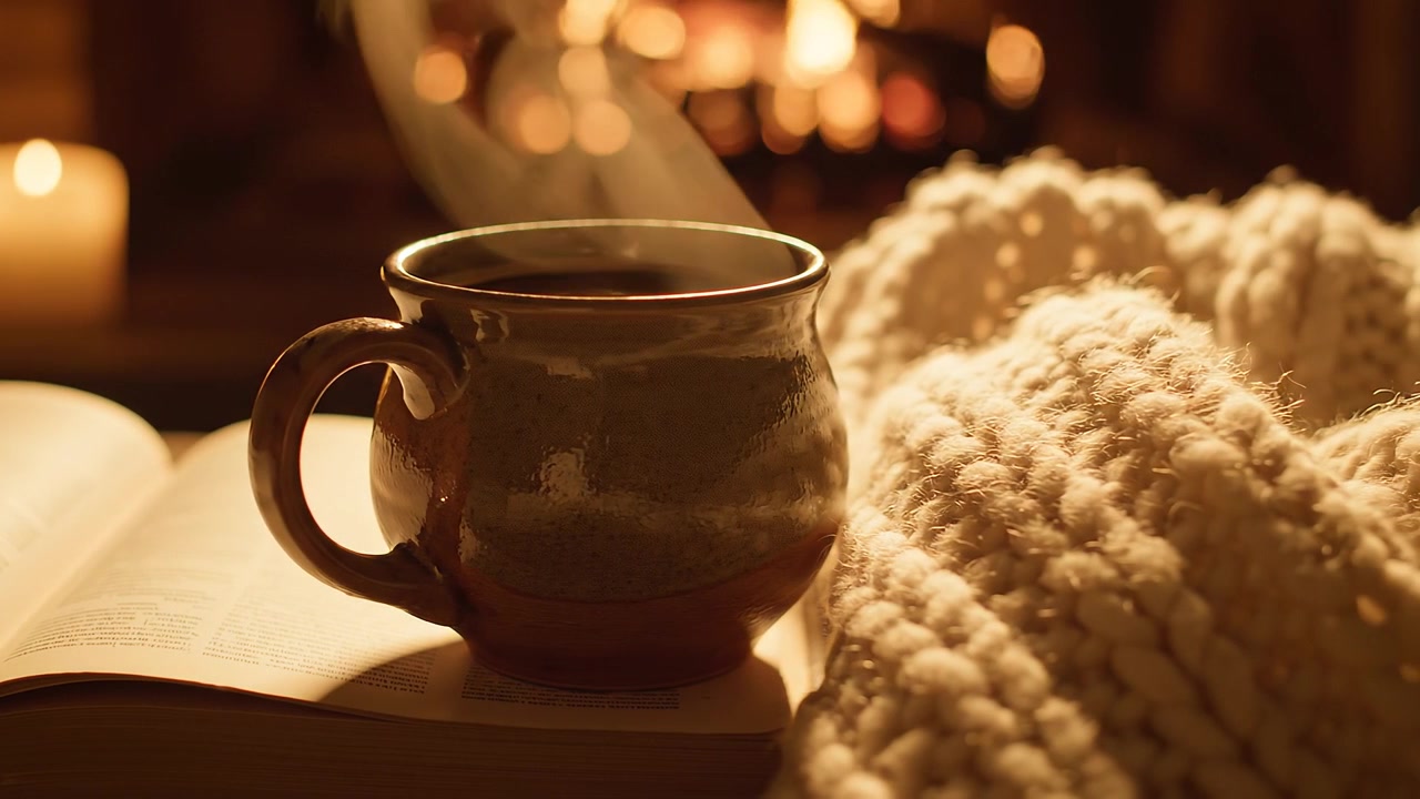 Taza humeante y acogedora sobre un libro abierto con luces bokeh cálidas