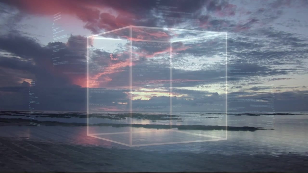 Sunrise glow starting wireframe cube fading rotating pulsing then settling reflecting sky hue shift