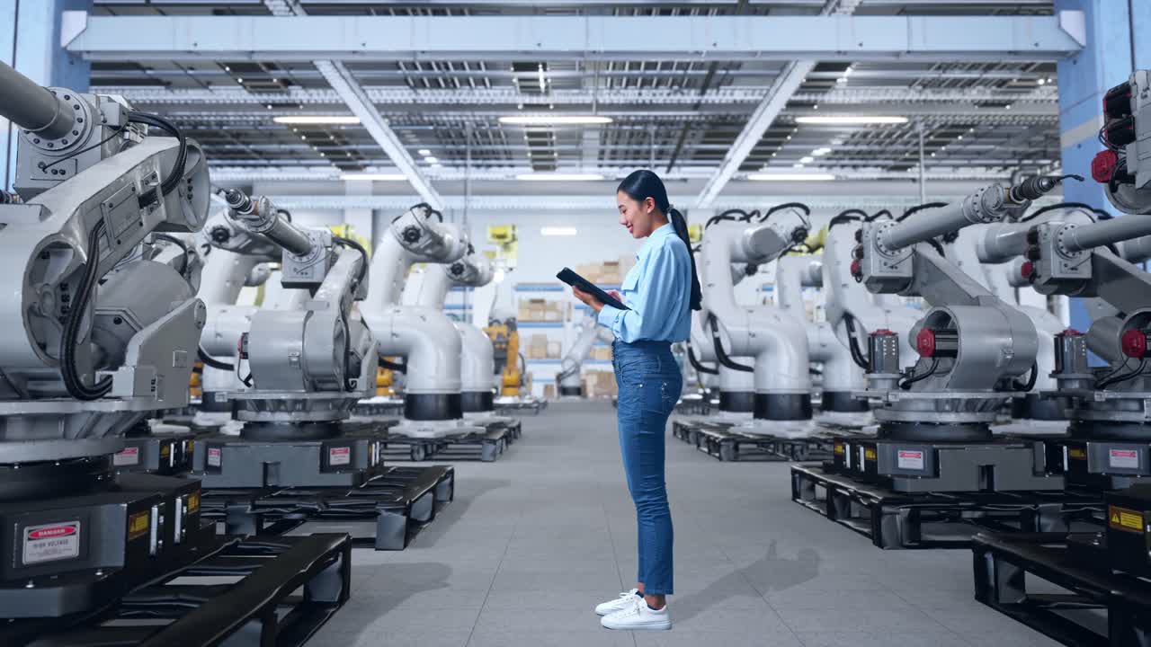 제조 시설에서 산업 로을 운용하는 여성