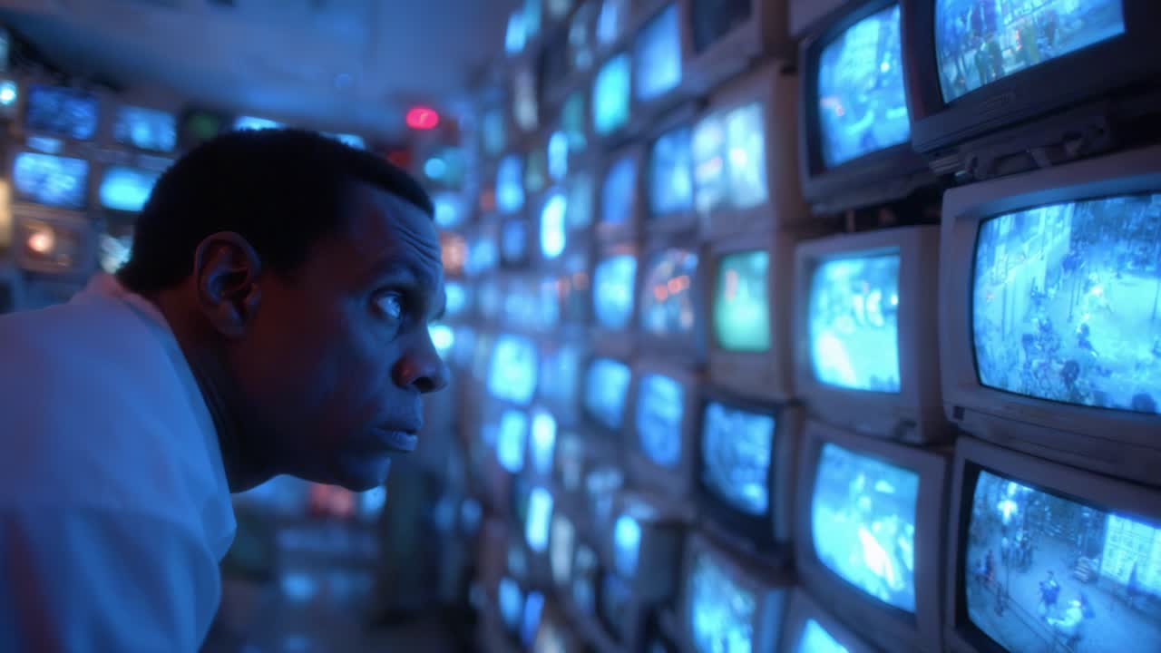 A lone figure gazes intently at a wall of flickering TV screens, immersed in the glow of multiple monitors showcasing a range of surveillance feeds and images