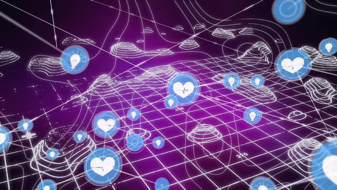 3d 디지털 풍경 위의 아이콘으로 연결 네트워크의 애니메이션