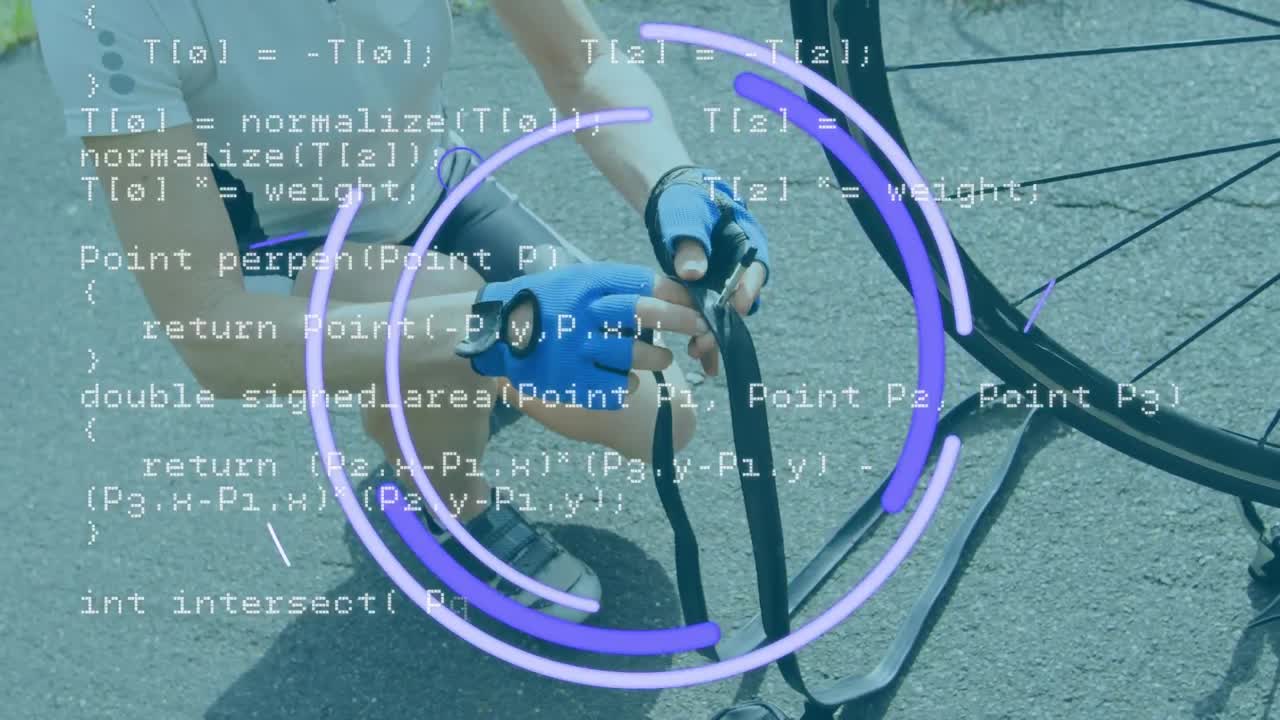 animación del procesamiento de datos sobre un hombre caucásico reparando el tubo interior de un neumático de bicicleta al aire libre