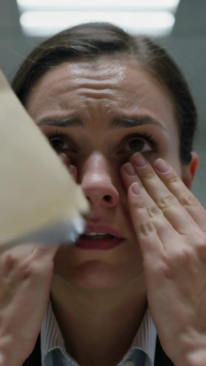Vertical video: Rubbing woman in light shirt prompted by file stacks, pressing under eyes at desk